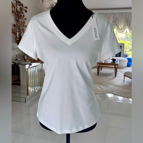 Chicos Classic White V-Neck Cap Sleeve Women's Top Size O/-Small - Picture 3 of 8